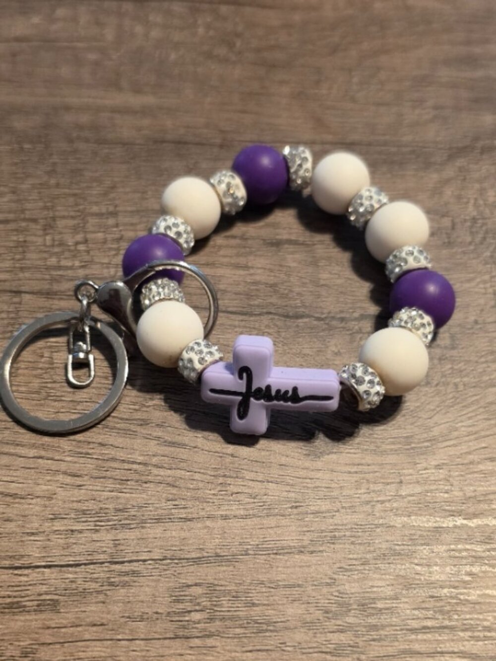 Christian Cross Beaded Wristlet Keychain Purple White